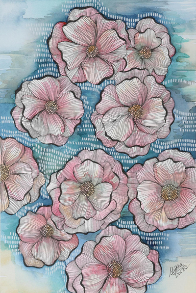 'Night Blossoms' - Pintura de acuarela sobre papel con temática floral