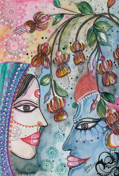 'Heavenly Glimpse' - Pintura de acuarela de Radha y Krishna sobre papel
