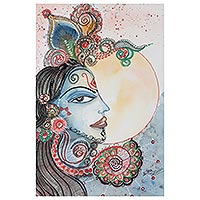 'Krishna's Magnificence' - Watercolor Krishna Painting on Paper