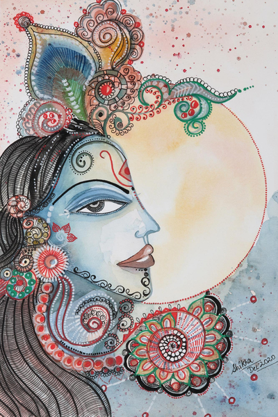 'Krishna's Magnificence' - Watercolour Krishna Painting on Paper