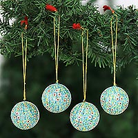 Papier mache ornaments, 'Blossoms of Kashmir in Blue' (set of 4) - Handmade Papier Mache Holiday Ornaments (Set of 4)
