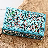 Decorative papier mache box, 'Sing-Song in Blue' - Decorative Lacquerware Papier Mache Box