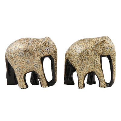 Statuetten aus Pappmaché, 'Freundschaftsband in Grau' (Paar) - Elefantenstatuetten aus Pappmaché und Holz (Paar)