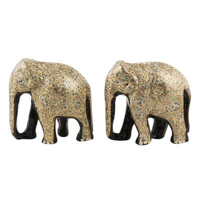 Papier mache statuettes, 'Bond of Friendship in Grey' (pair) - Papier Mache and Wood Elephant Statuettes (Pair)