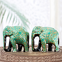 Papier mache statuettes, 'Bond of Friendship in Green' (pair) - Handcrafted Papier Mache Elephant Statuettes (Pair)