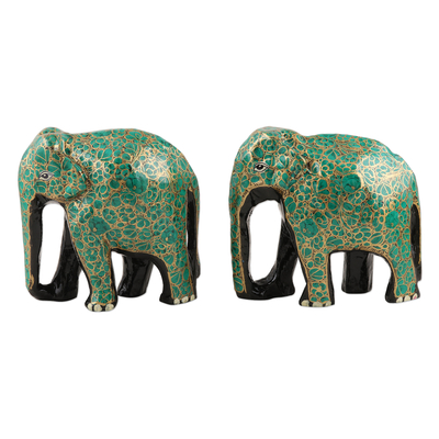 Papier mache statuettes, 'Bond of Friendship in Green' (pair) - Handcrafted Papier Mache Elephant Statuettes (Pair)