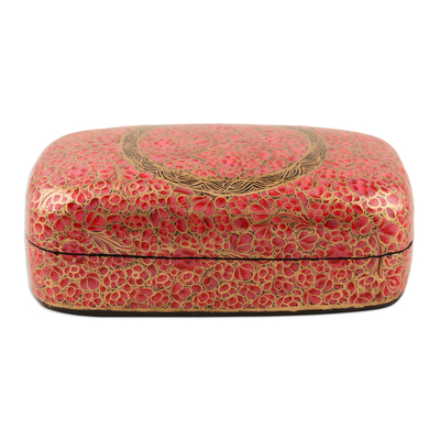 Decorative papier mache box, 'Kashmir Cheer in Pink' - Hand-Painted Laquerware Papier Mache Box
