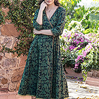 Hand-embroidered cotton wrap dress, Verdant Beauty