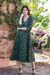 Hand-embroidered cotton wrap dress, 'Verdant Beauty' - Kantha Stitch Cotton Wrap Dress thumbail