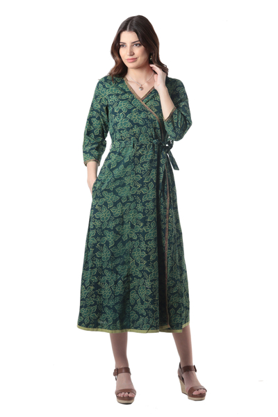 Hand-embroidered cotton wrap dress, 'Verdant Beauty' - Kantha Stitch Cotton Wrap Dress