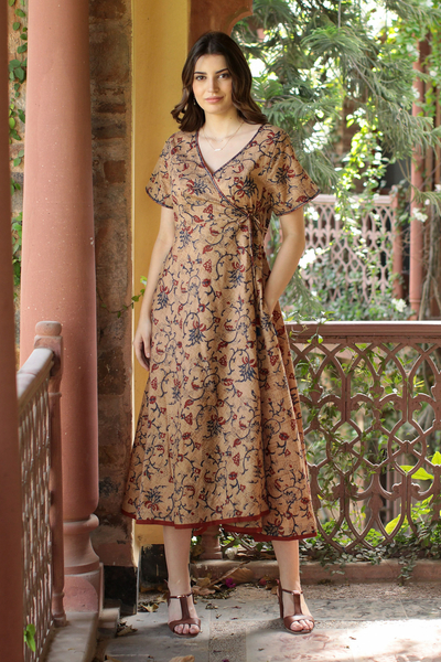 Embroidered cotton wrap dress, 'Summer Harvest' - Hand-Embroidered Cotton Wrap Dress with Floral Motif
