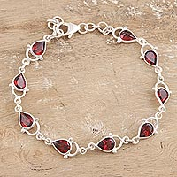 Garnet link bracelet, 'Gleaming Drops ' - Indian Garnet and Sterling Silver Link Bracelet