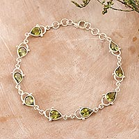 Indian Peridot and Sterling Silver Link Bracelet,'Gleaming Drops'
