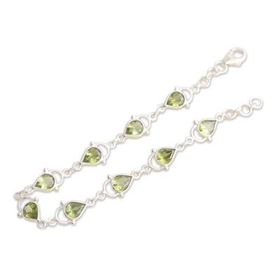 Peridot link bracelet, 'Gleaming Drops' - Indian Peridot and Sterling Silver Link Bracelet