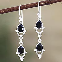 Onyx dangle earrings, 'Gleaming Drops' - Indian Onyx and Sterling Silver Dangle Earrings