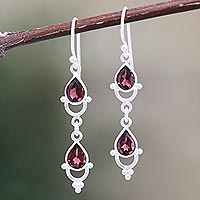 Garnet dangle earrings, 'Gleaming Drops' - Indian Garnet and Sterling Silver Dangle Earrings