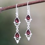 Garnet dangle earrings, 'Gleaming Drops' - Indian Garnet and Sterling Silver Dangle Earrings