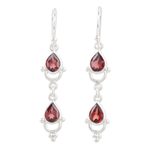 Garnet dangle earrings, 'Gleaming Drops' - Indian Garnet and Sterling Silver Dangle Earrings