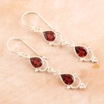 Garnet dangle earrings, 'Gleaming Drops' - Indian Garnet and Sterling Silver Dangle Earrings