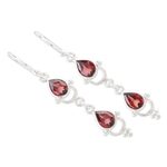 Garnet dangle earrings, 'Gleaming Drops' - Indian Garnet and Sterling Silver Dangle Earrings