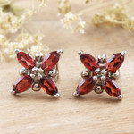 Rhodium-plated garnet button earrings, 'Red Petals' - Rhodium-Plated Garnet Floral-Motif Button Earrings