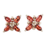 Rhodium-plated garnet button earrings, 'Red Petals' - Rhodium-Plated Garnet Floral-Motif Button Earrings