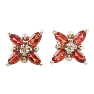 Rhodium-plated garnet button earrings, 'Red Petals' - Rhodium-Plated Garnet Floral-Motif Button Earrings