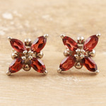 Rhodium-plated garnet button earrings, 'Red Petals' - Rhodium-Plated Garnet Floral-Motif Button Earrings