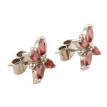 Rhodium-plated garnet button earrings, 'Red Petals' - Rhodium-Plated Garnet Floral-Motif Button Earrings