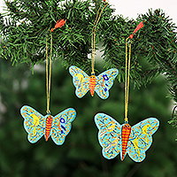 Wood holiday ornaments, 'Winged Fantasy in Teal' (set of 3) - Weeping Willow Wood Holiday Ornaments from India (Set of 3)