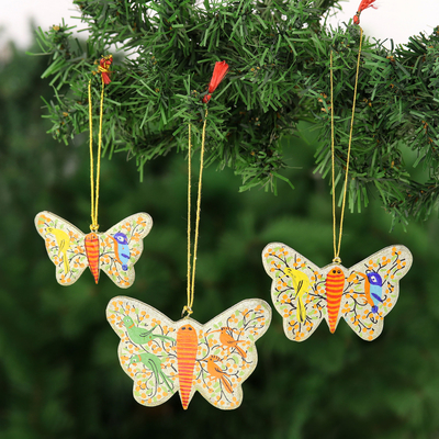 Wood holiday ornaments, 'Winged Fantasy in Silver' (set of 3) - Wood Holiday Ornaments with Butterfly-Motif (Set of 3)