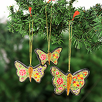 Wood holiday ornaments, 'Valley Butterflies' (set of 3) - Hand Crafted Wood Holiday Ornaments from India (Set of 3)