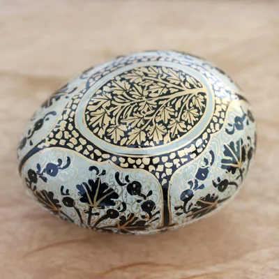 Decorative papier mache box, 'Midnight Delight in Aqua' - Hand-Painted Papier Mache Box with Leaf Motif