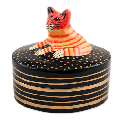 Decorative papier mache box, 'Cat Nap' - Decorative Papier Mache Cat-Motif Box