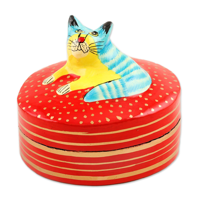 Hand Crafted Decorative Papier Mache Box - Colorful Cat | NOVICA