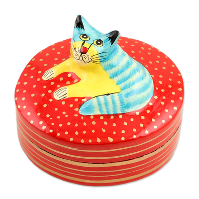 Hand Crafted Decorative Papier Mache Box - Colorful Cat | NOVICA