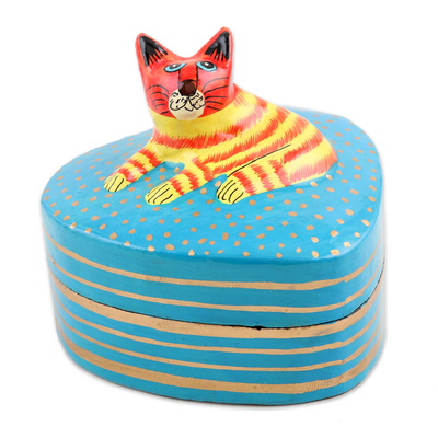 Decorative papier mache box, 'Cat Love' - Hand-Painted Papier Mache Box with Cat Motif