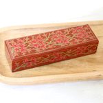 Papier mache pencil box, 'Chinar Pride in Red' - Decorative Papier Mache Box with Leaf Motif