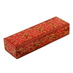 Papier mache pencil box, 'Chinar Pride in Red' - Decorative Papier Mache Box with Leaf Motif