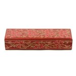 Papier mache pencil box, 'Chinar Pride in Red' - Decorative Papier Mache Box with Leaf Motif