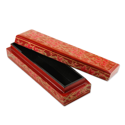 Papier mache pencil box, 'Chinar Pride in Red' - Decorative Papier Mache Box with Leaf Motif