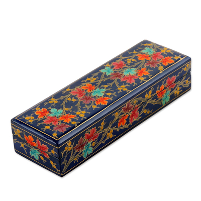 Papier mache pencil box, 'Chinar Pride in Blue' - Indian Papier Mache and Weeping Willow Wood Box
