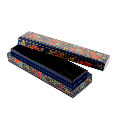 Papier mache pencil box, 'Chinar Pride in Blue' - Indian Papier Mache and Weeping Willow Wood Box