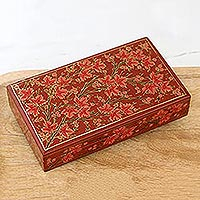 Hand-Painted Decorative Papier Mache Box from India,'Festive Trees in Red'