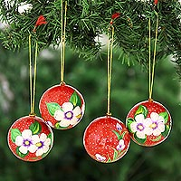 Papier-mache holiday ornaments, 'Valley Blossoms' (set of 4) - Papier-Mache Holiday Ornaments with Floral Motif (Set of 4)