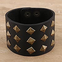 Leather cuff bracelet, 'Golden Studs' - Unisex Leather Cuff with Brass Studs
