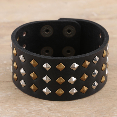 Leather cuff bracelet, 'Grow Together' - Studded Leather Cuff Bracelet from India