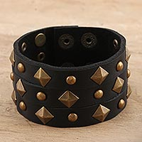 Leather cuff bracelet, 'Creative Harmony' - Brass-Studded Leather Cuff Bracelet