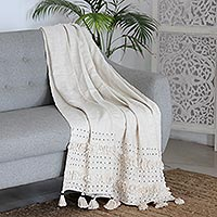 Embroidered cotton throw, 'Under a Cloud' - Embroidered Cotton Throw with Tufted Accents