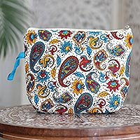 Cotton travel bag, 'Mumbai Tote' - Colorful Paisley Print  Zippered Pouch in 100% Cotton
